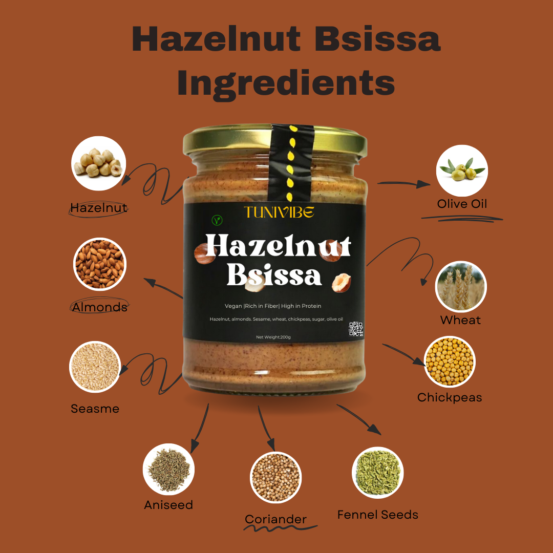 Hazelnut Bsissa jar with ingredients: hazelnuts, almonds, olive oil, wheat, chickpeas, sesame, aniseed, coriander, and fennel seeds.