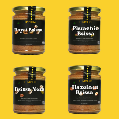 Four jars of Bsissa: Royal, Pistachio, Nuts, and Hazelnut, showcasing vegan superfood options on a bright yellow background.